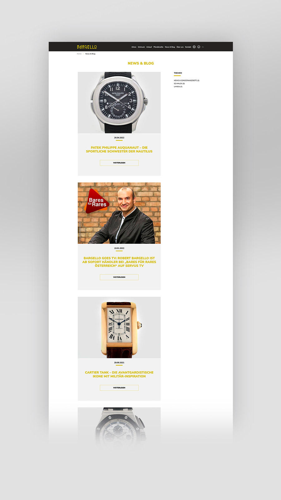 Screenshot der News & Blog Übersichtsseite von juwelier-bargello.at (umgesetzt mit TYPO3)