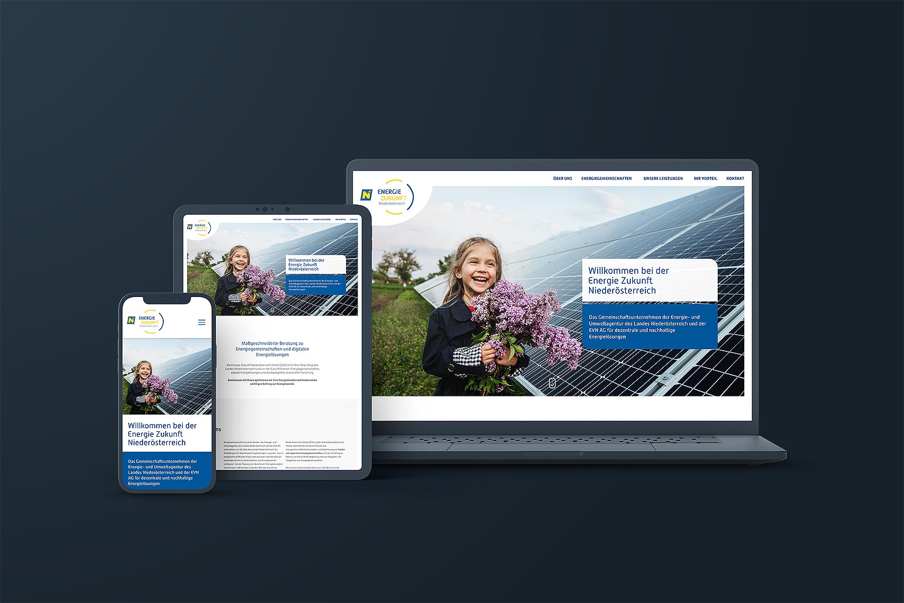 von links nach rechts: Smartphone-, Tablet-, Desktop-Ansicht Startseite
