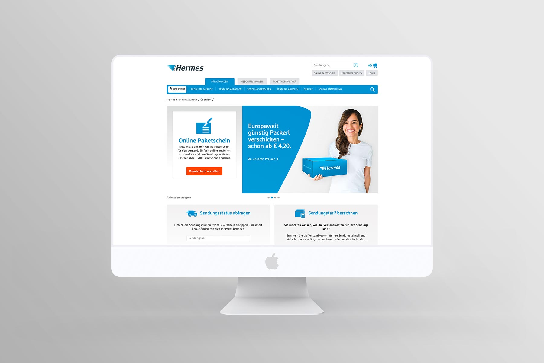 Desktop Ansicht Startseite myhermes.at (umgesetzt mit TYPO3)