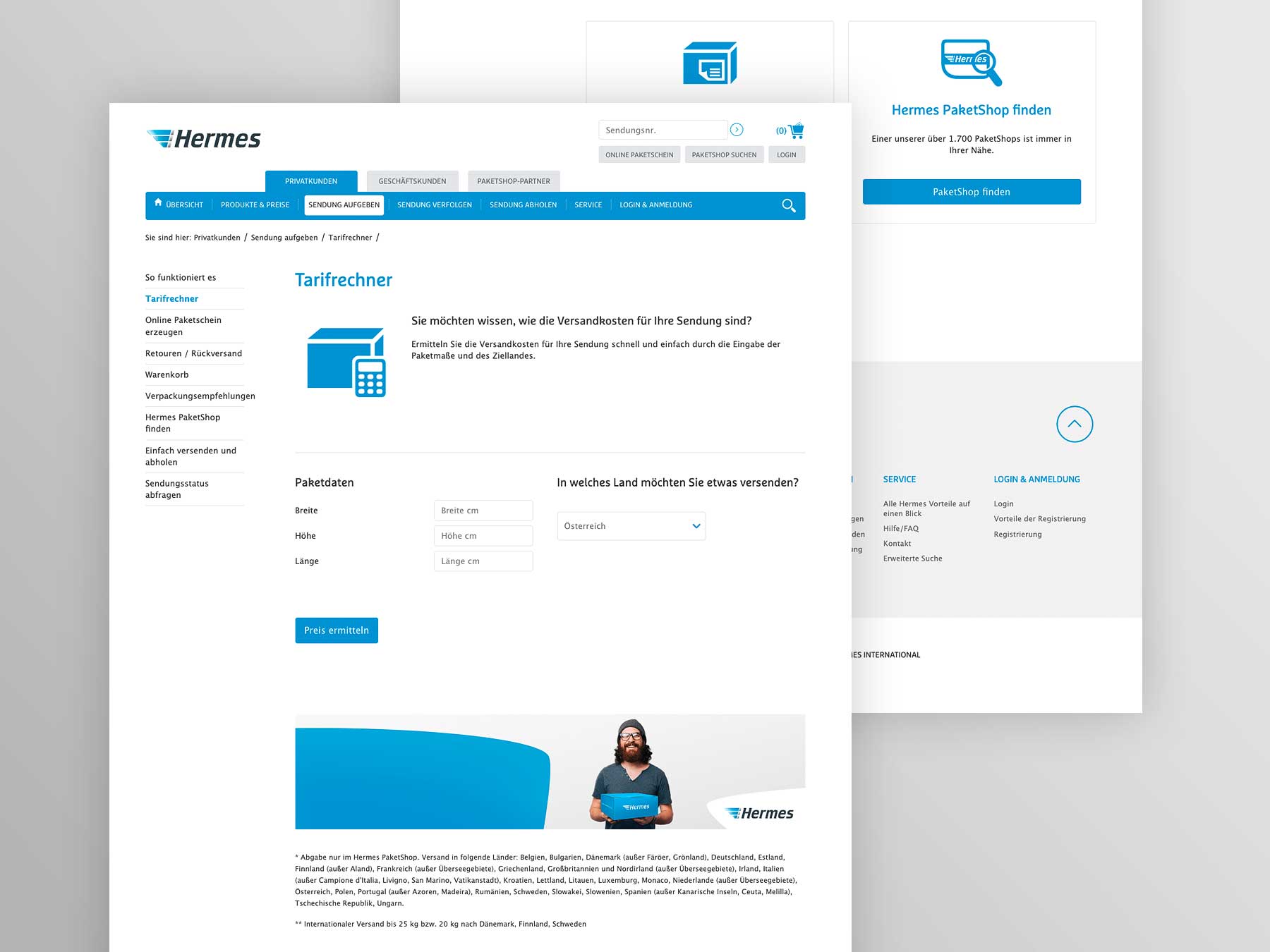 Screenshot Innenseite Tarifrechner myhermes.at
