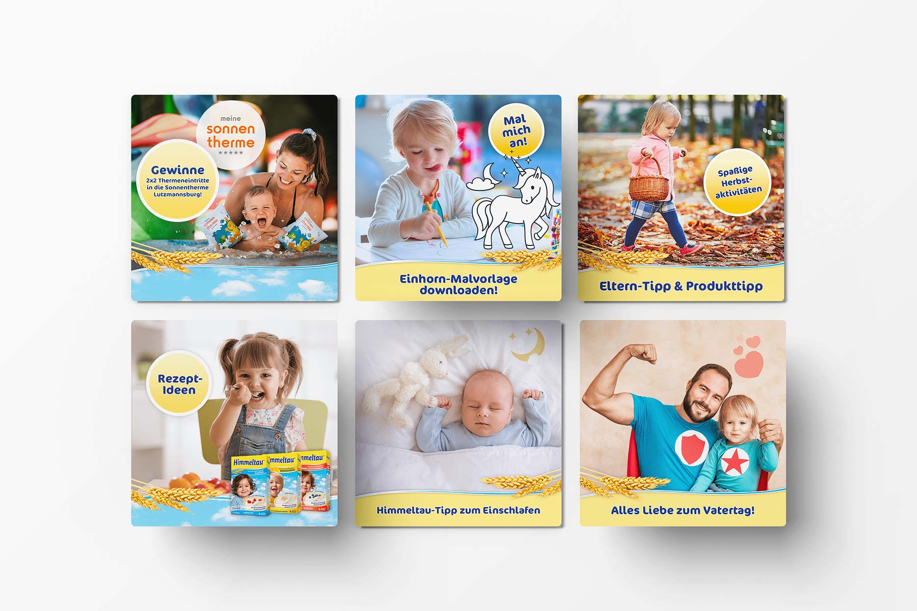 Montage 6 Postingbilder: Gewinnspiel, Malvorlage, Eltern-Tipp, Vatertag, Rezeptideen