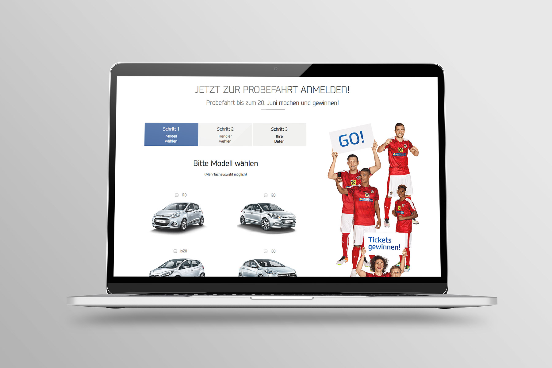Laptop Ansicht Probefahrt Anmeldung Hyundai Euro Kampagne 2016: Schritt 1 Modell wählen