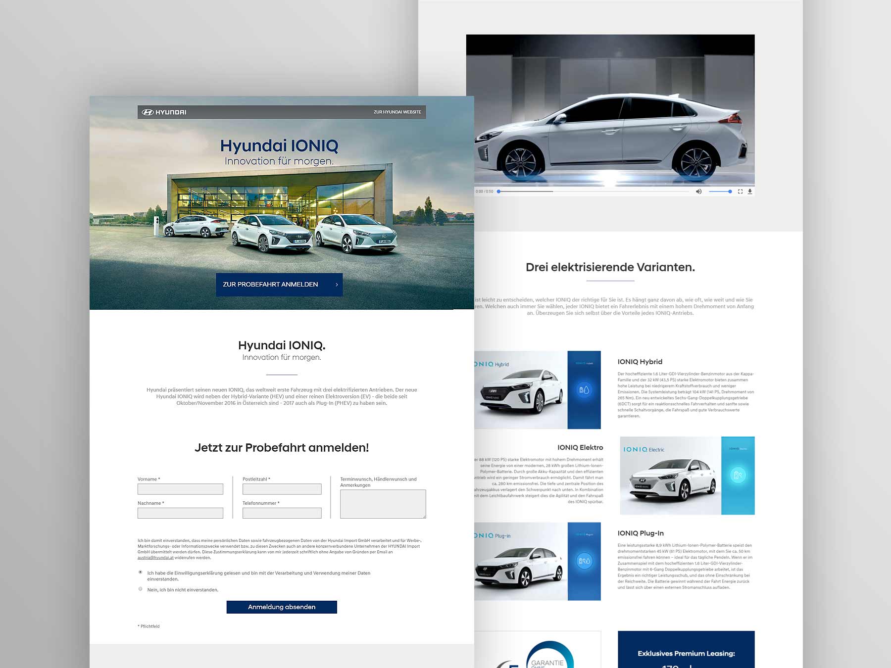Screenshots Landingpage Hyundai Ioniq 2017 (umgesetzt mit TYPO3)