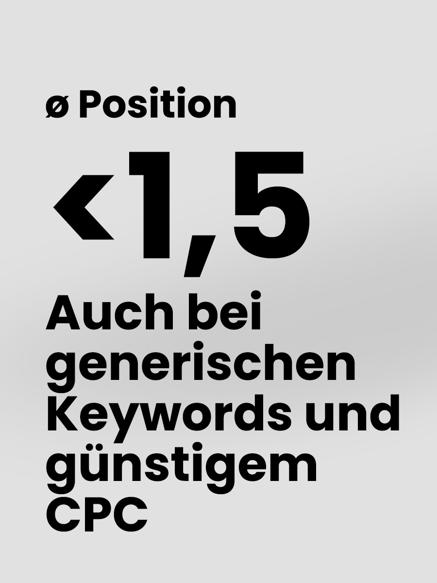 durchschnittliche Position <1,5 - auch bei generischen Keywords und günstigem CPC