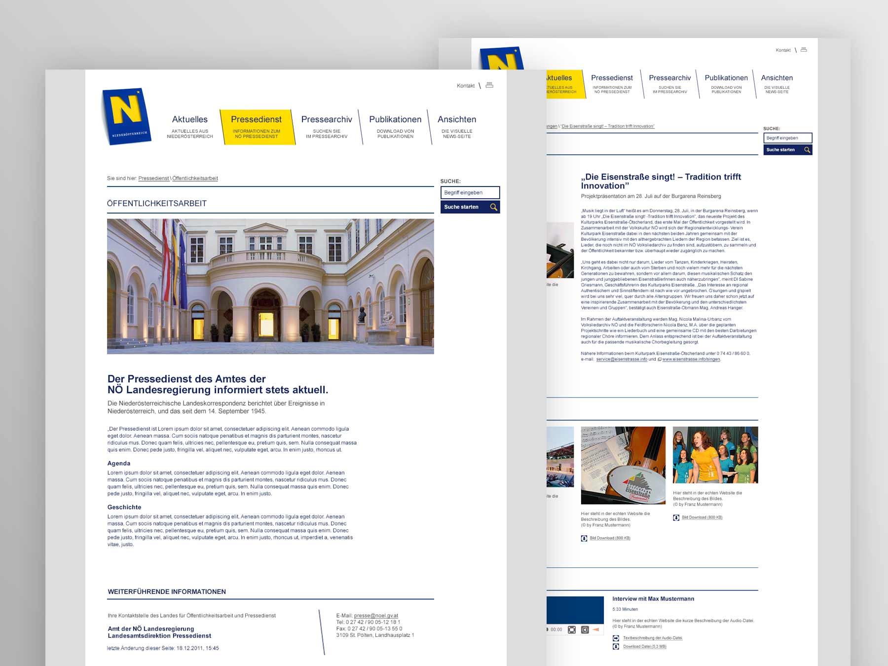 Screenshots Detailansicht Artikel, Innenseite Öffentlichkeitsarbeit NÖ Pressedienst bis 2017
