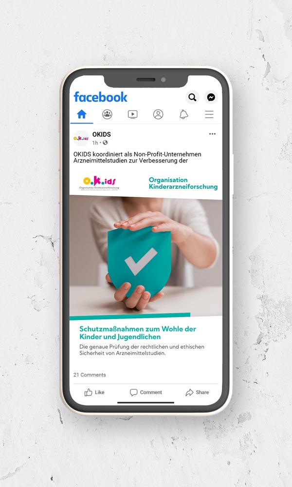 Smartphone Ansicht Facebook Post Organisation okids