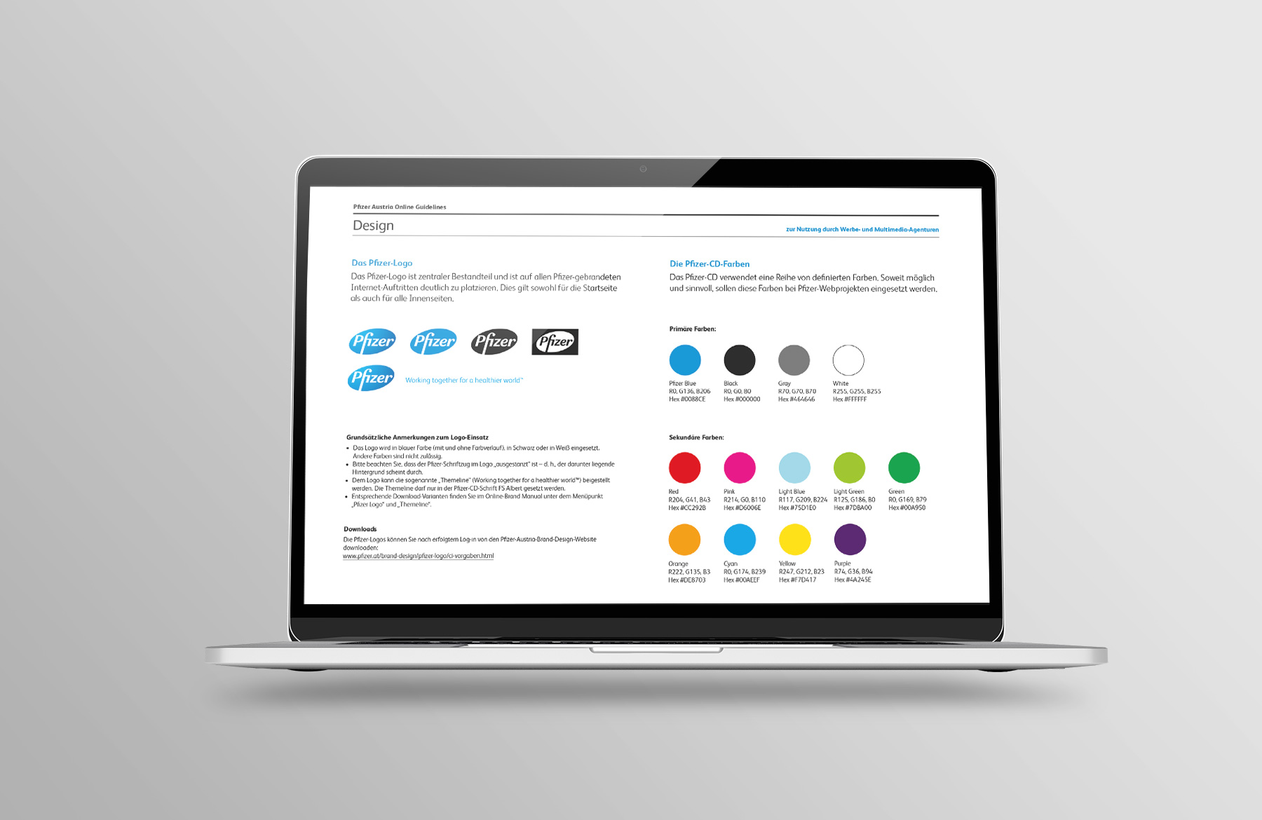 Übersicht Logo und CI Farben Corporate Design Manual Pfizer Austria