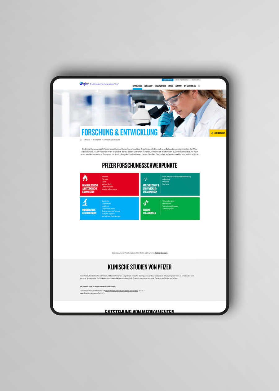 iPad Pro Anzeige Innenseite Forschung & Entwicklung pfizer.at bis 2022