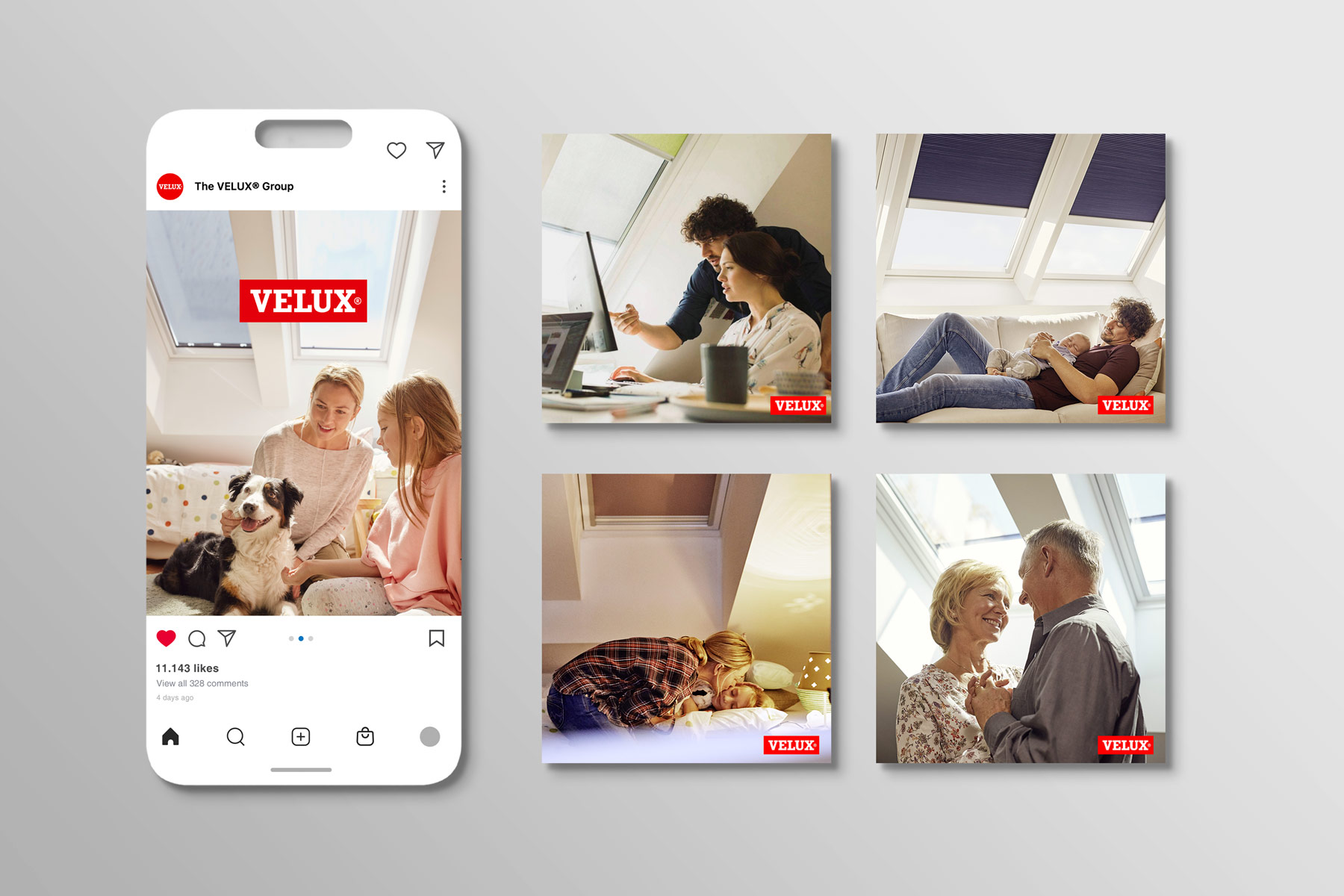 Montage Postingbild Socialmedia am Smartphone und 4 weitere Beispielbilder