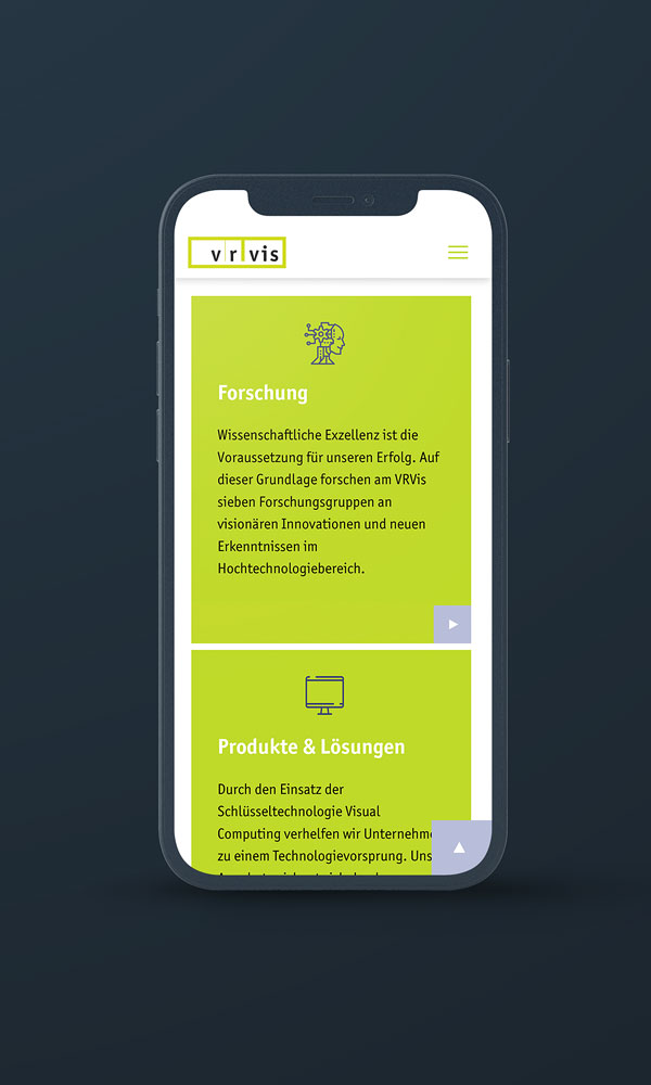 Smartphone Ansicht Startseite Bereich Forschung und Produke vrvis.at