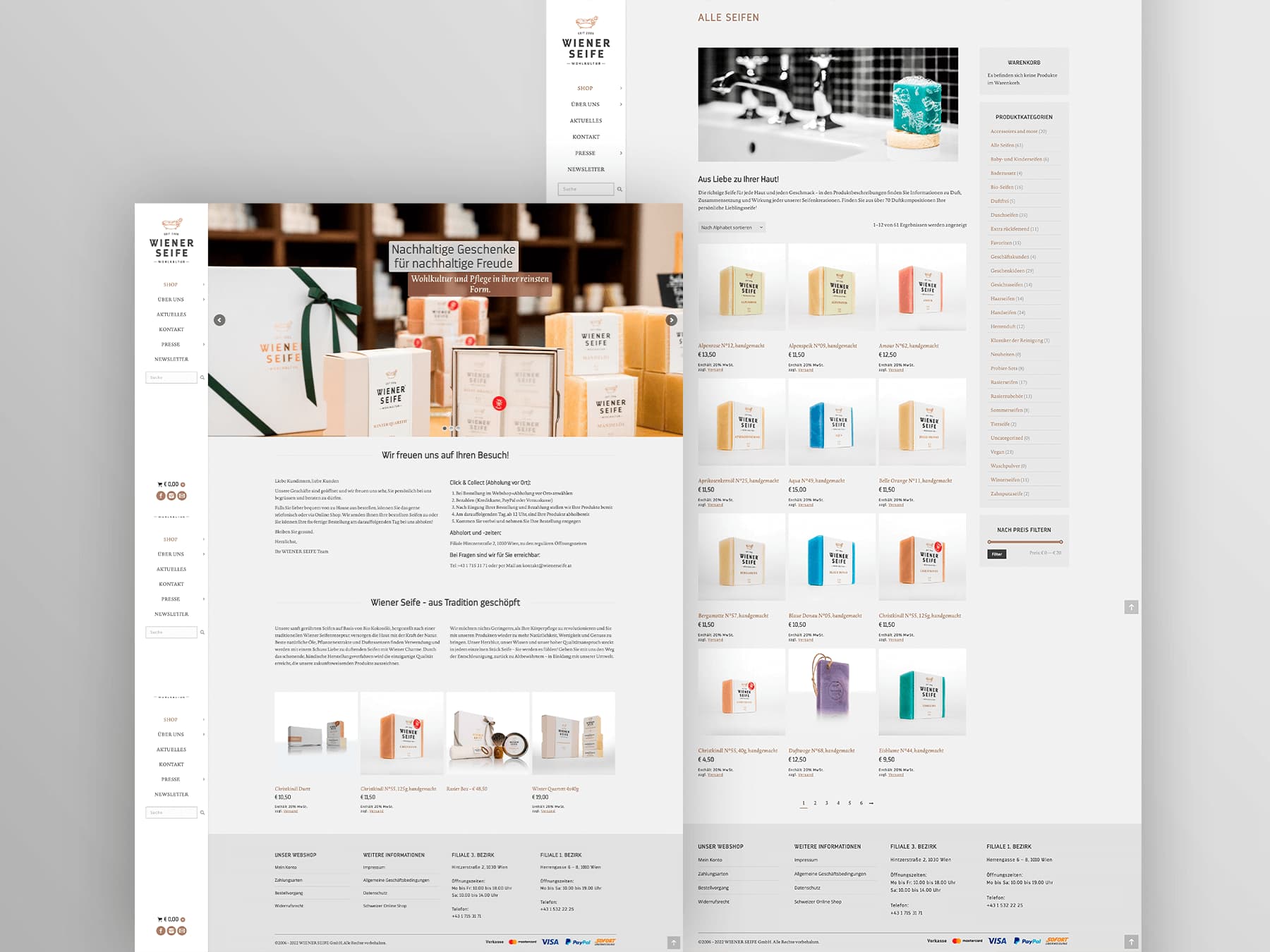 Screenshots Webshop wienerseife.at (umgesetzt mit WordPress)