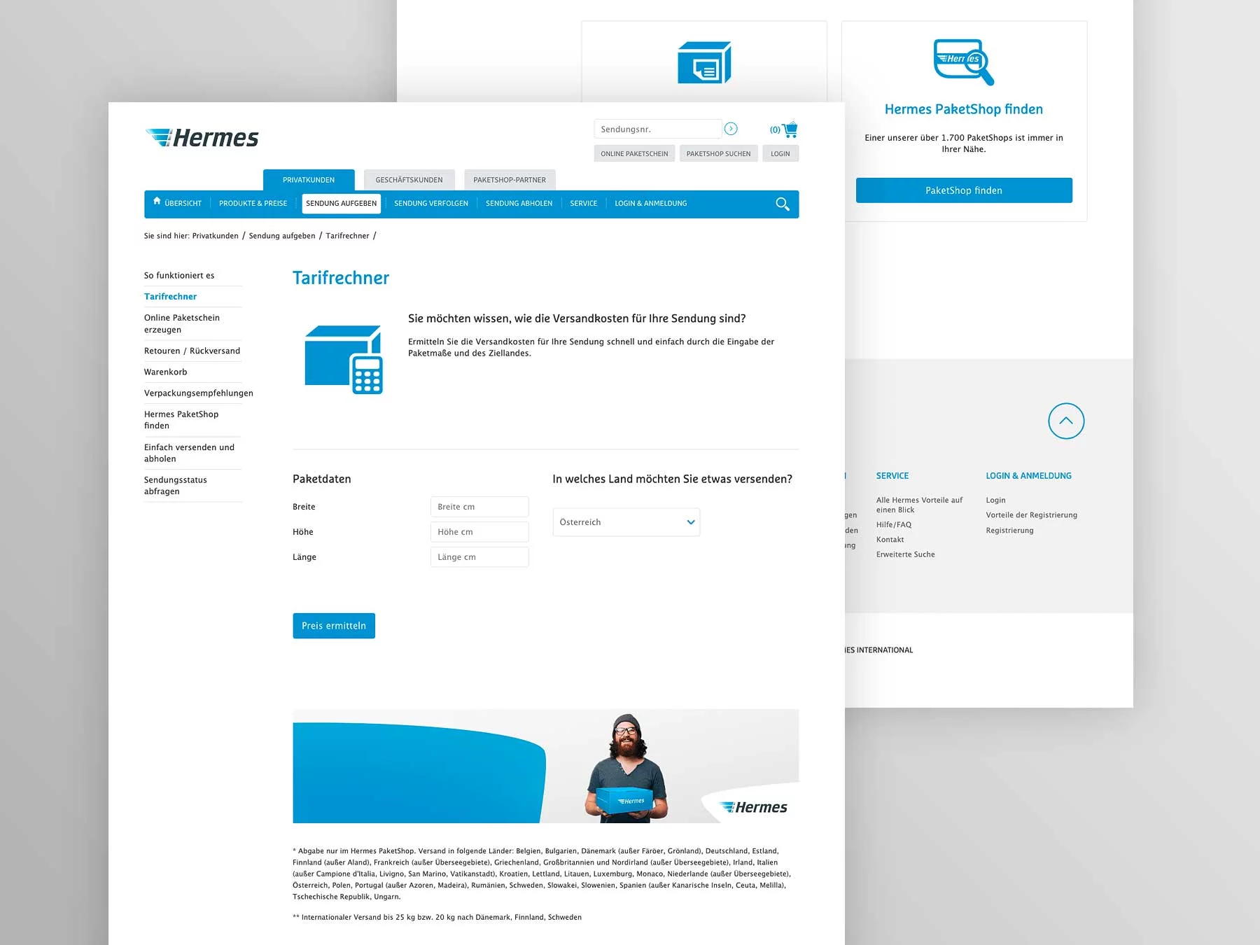 Screenshot Innenseite Tarifrechner myhermes.at