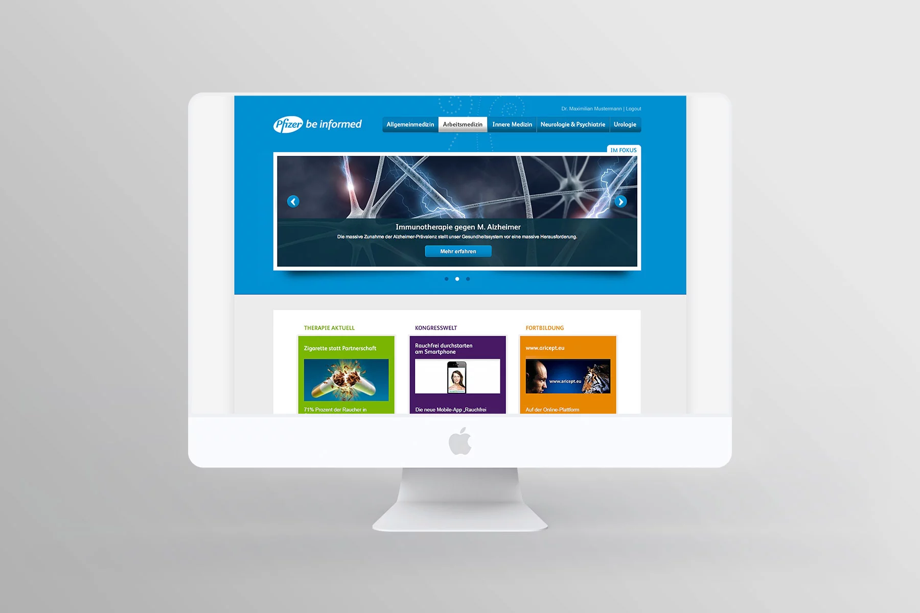 Desktop Ansicht Startseite Arbeitsmedizin be-informed (umgesetzt mit TYPO3)