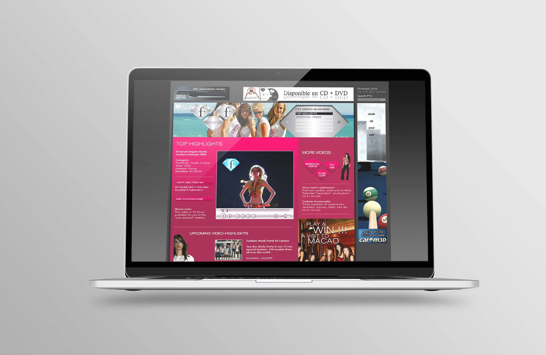 Desktop Ansicht Innenseite FashionTV Website 2005