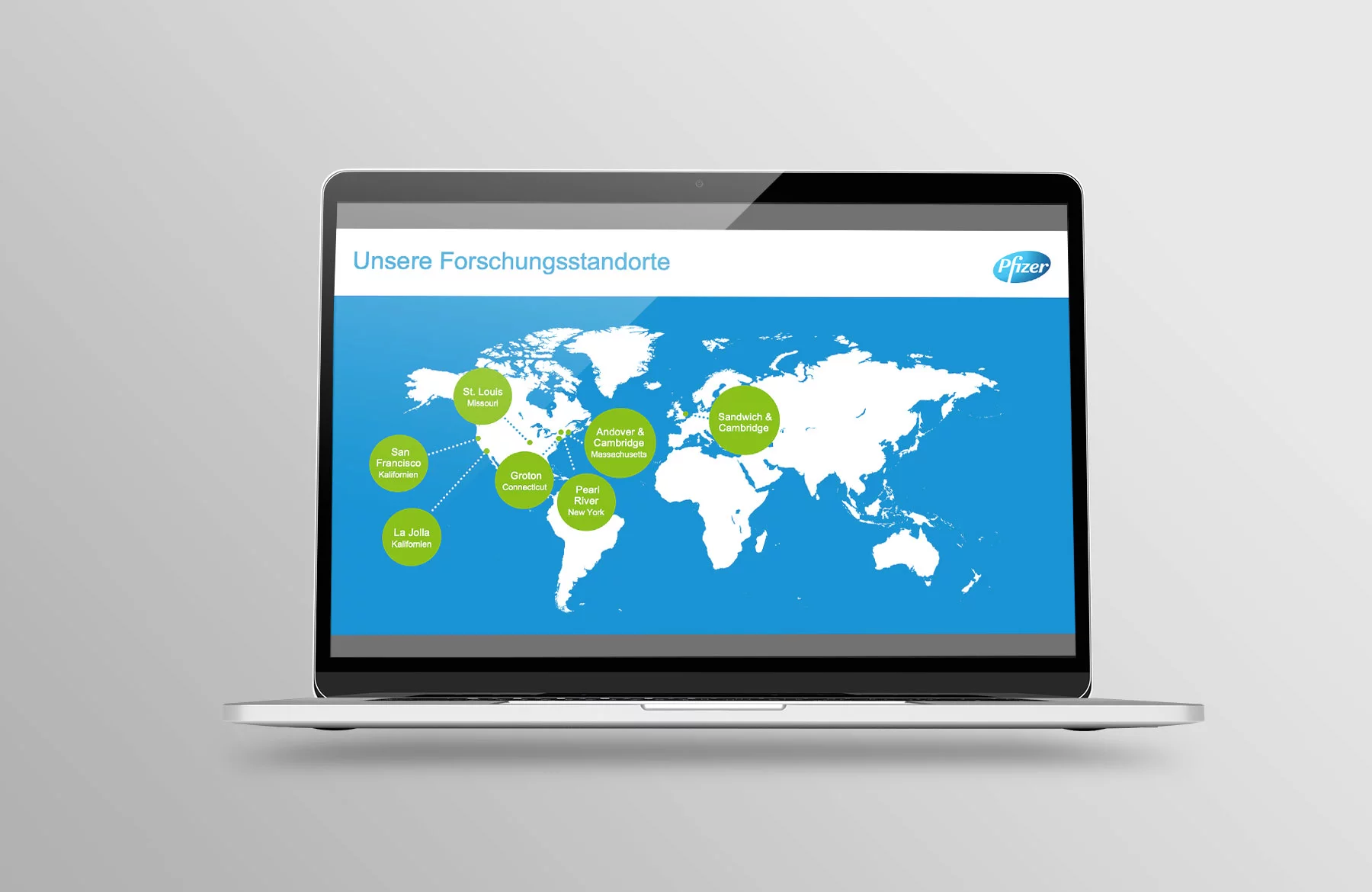 Präsentationsdesign Pfizer 2017 Folie Forschungsstandorte Landkarte