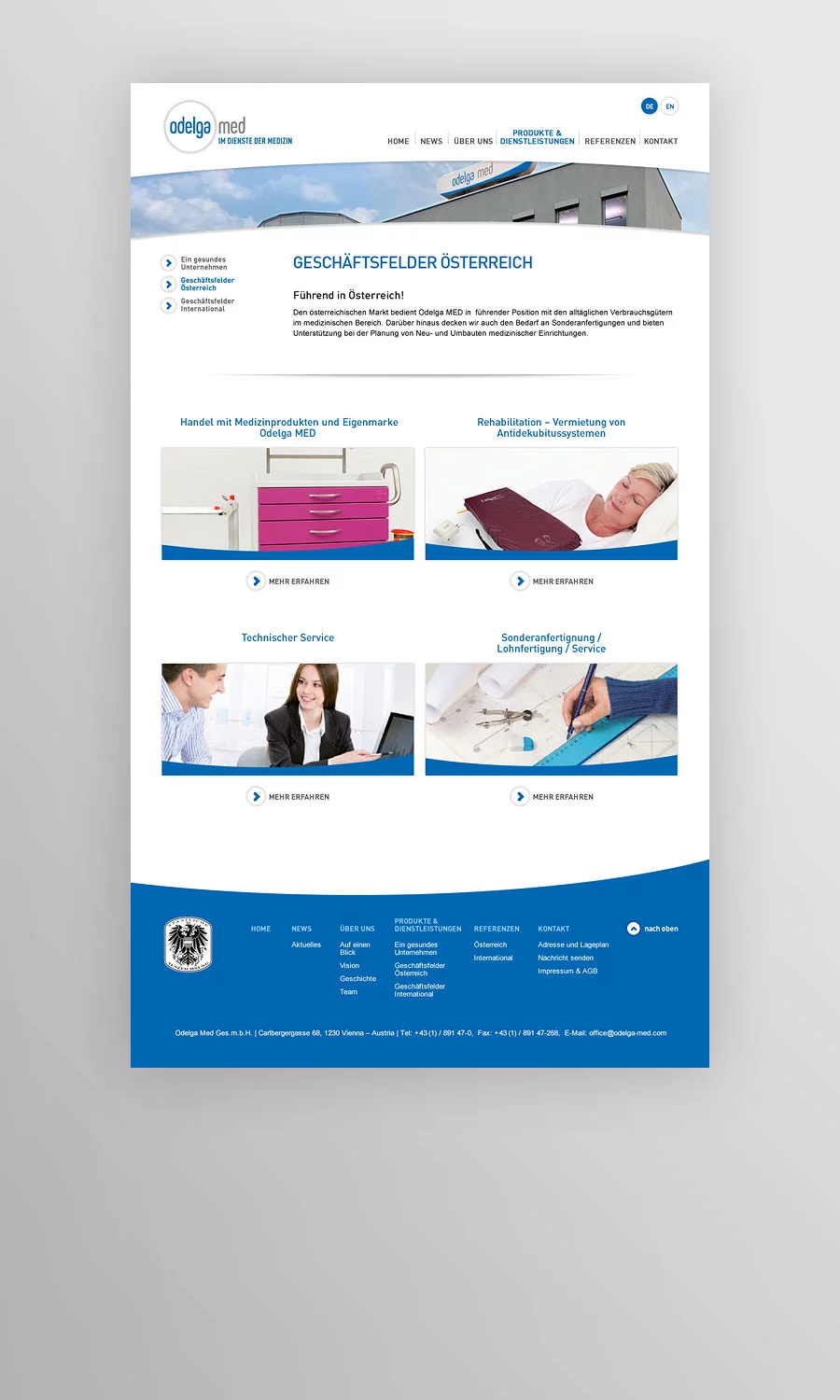 Screenshot Innenseite Geschäftsfelder odelga-med (bis 2019)