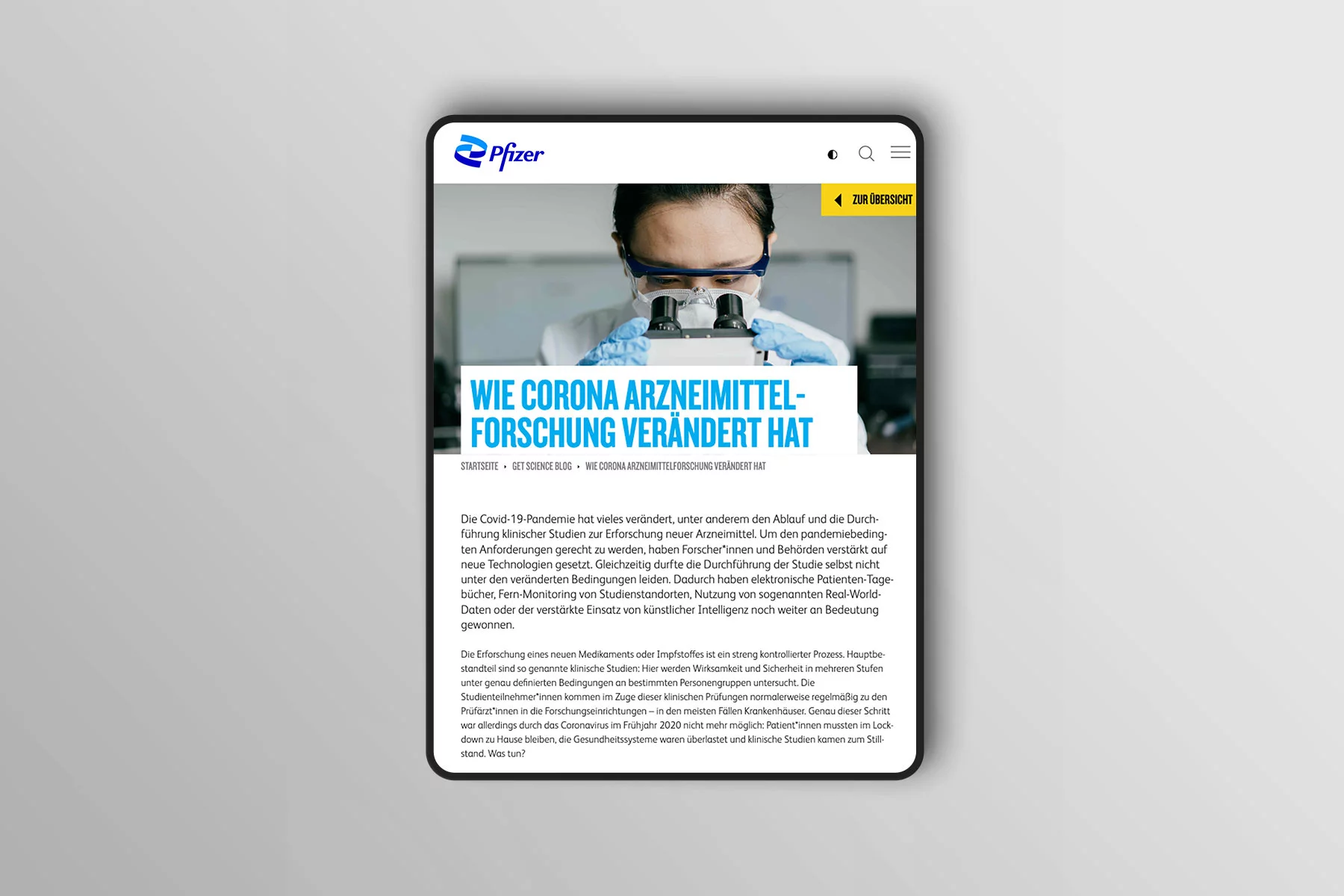 iPad Pro Ansicht Beispiel Blogartikel pfizer.at bis 2022