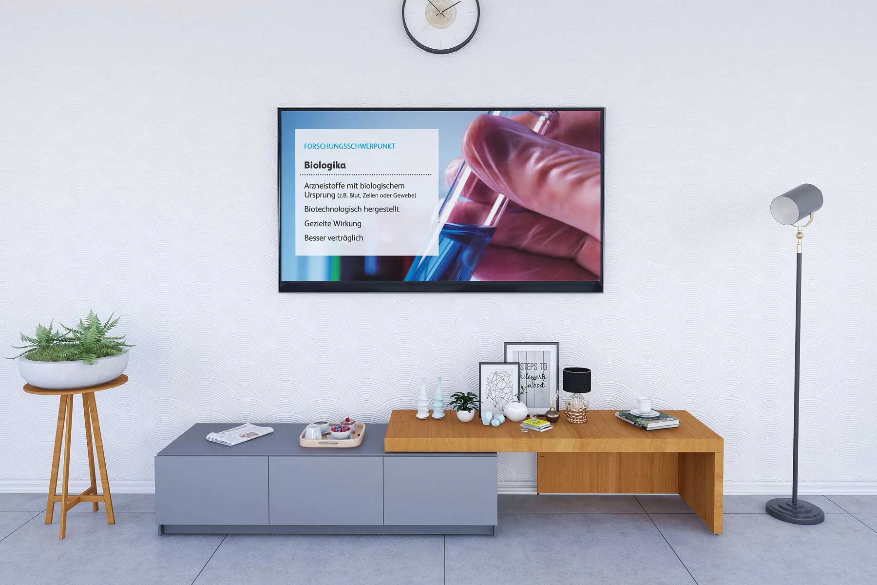 Montage Unternehmenspräsentation Pfizer Austria auf einem Fernseher in einem Wohnzimmer